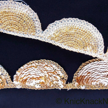 Gold Scallop Trim Embroidered With Beaded Gold Sequins, Approx. 35mm Wide - 210119L451